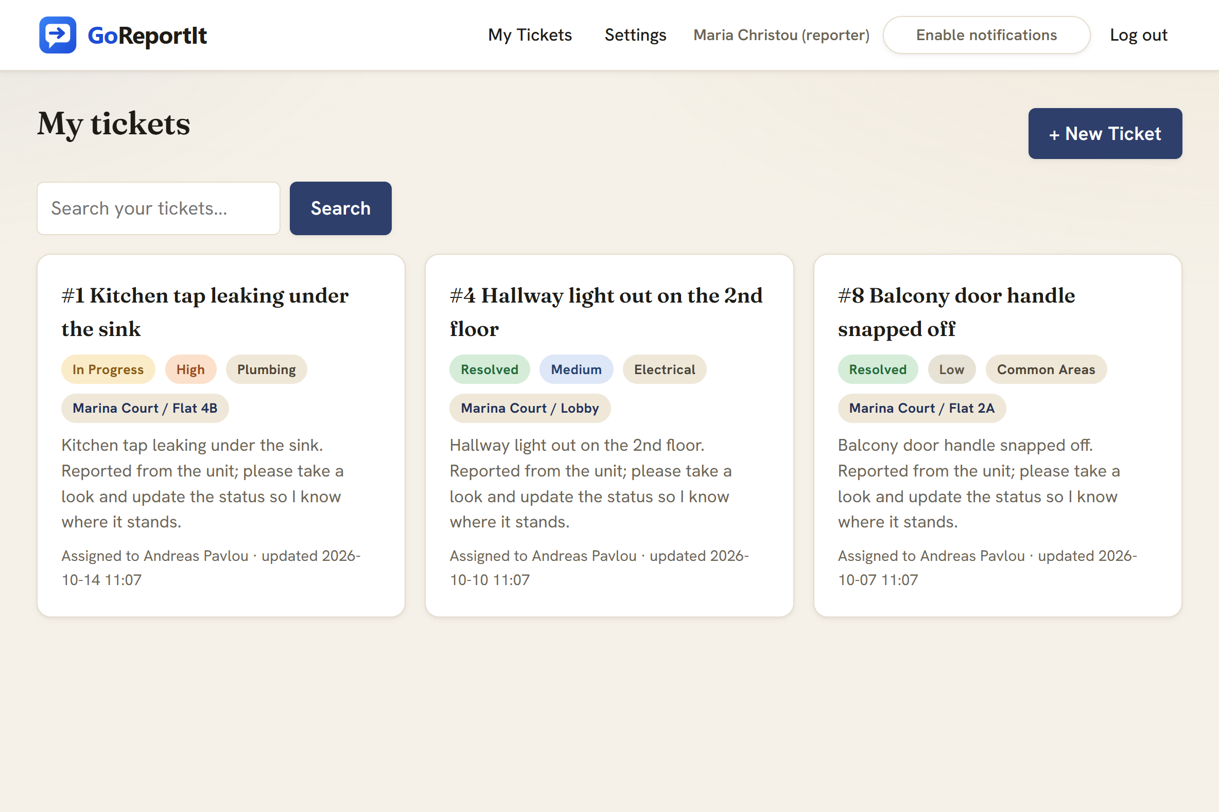 A tenant's personal page listing the requests they raised, each with its building, unit and color-coded status