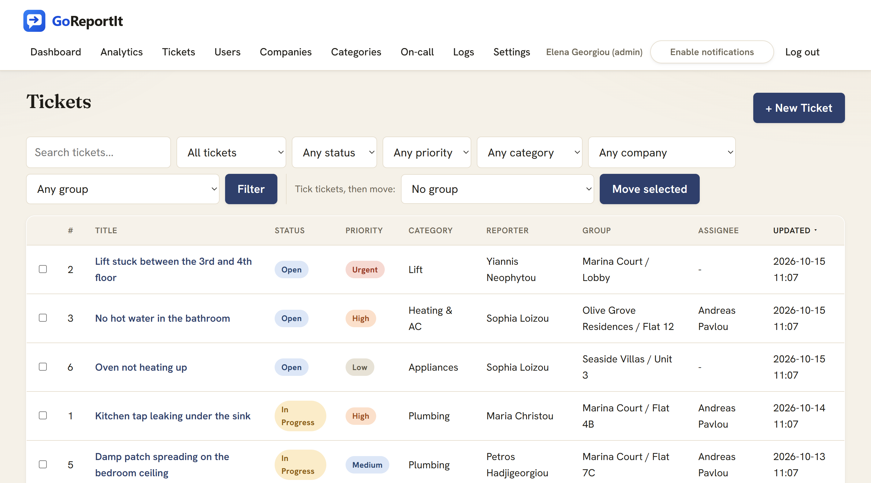 One queue holding every repair request, with building, unit, status and priority shown at a glance