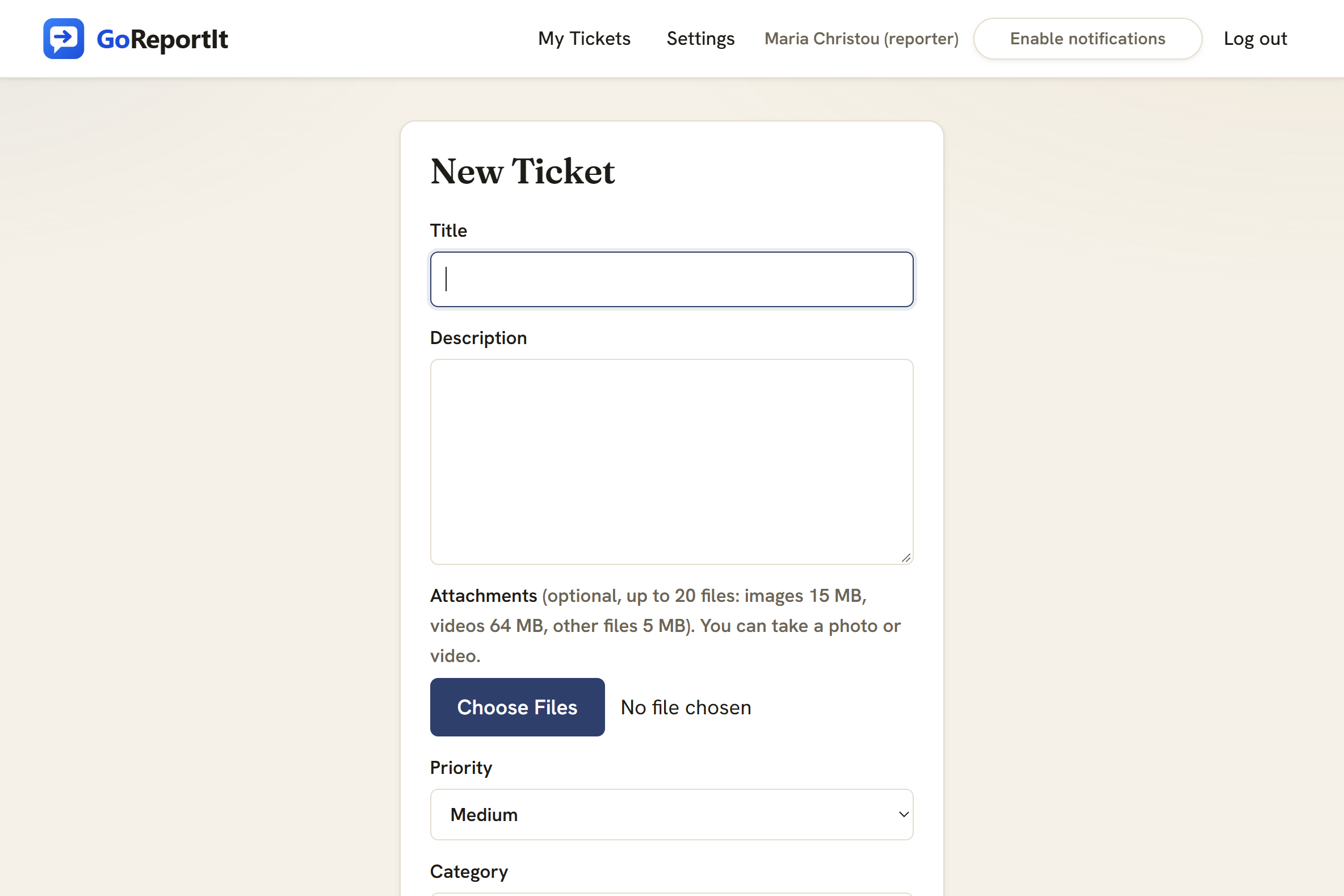 The reporting form with a title, description, a photo or video attachment and a priority
