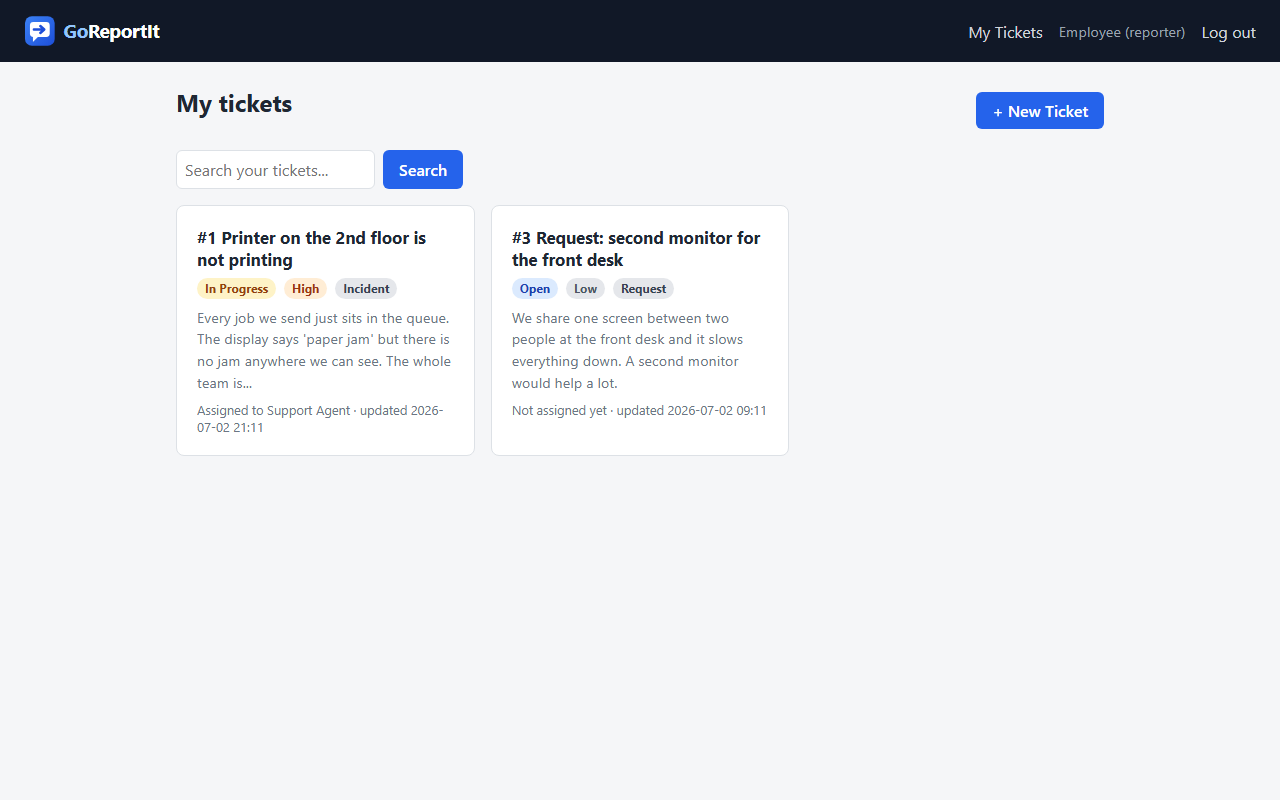A reporter's personal ticket page with card-style tickets and a search box