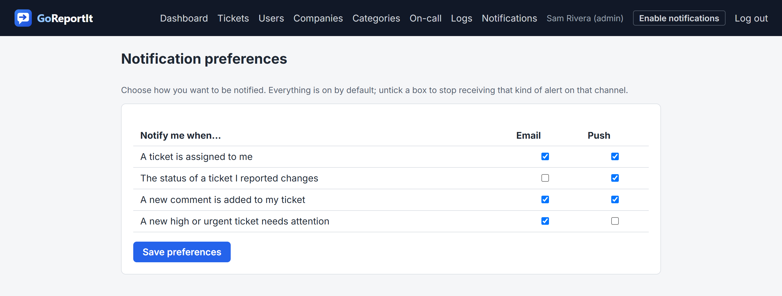 The notification preferences page: each event has an Email and a Push checkbox so you choose exactly how you are notified