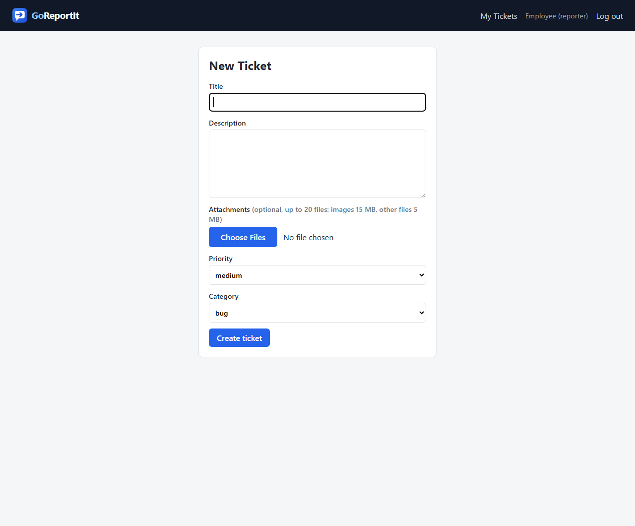 The new ticket form with title, description, attachments, priority and category fields