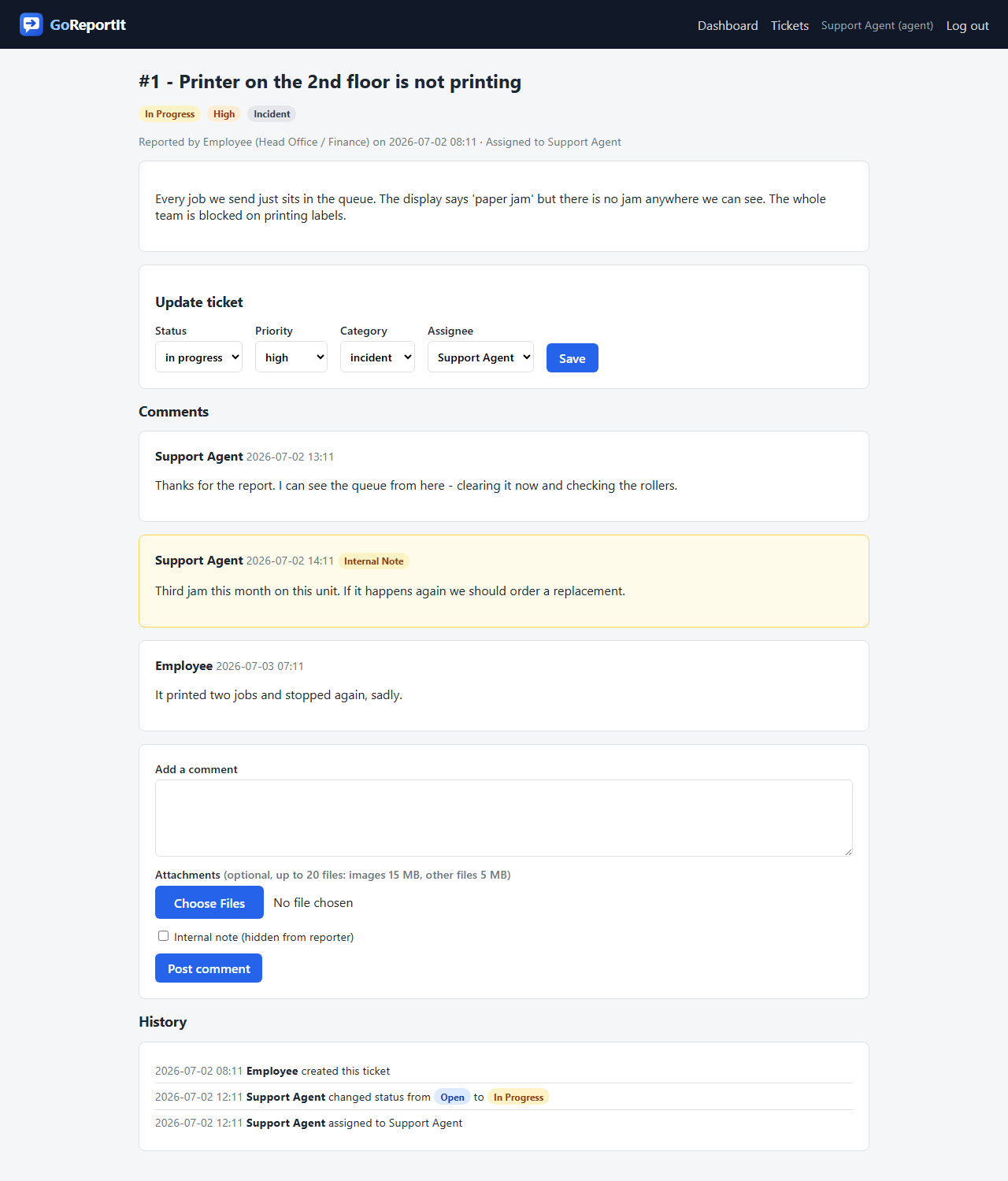 A ticket page showing the update form, public comments, a highlighted internal note and the change history